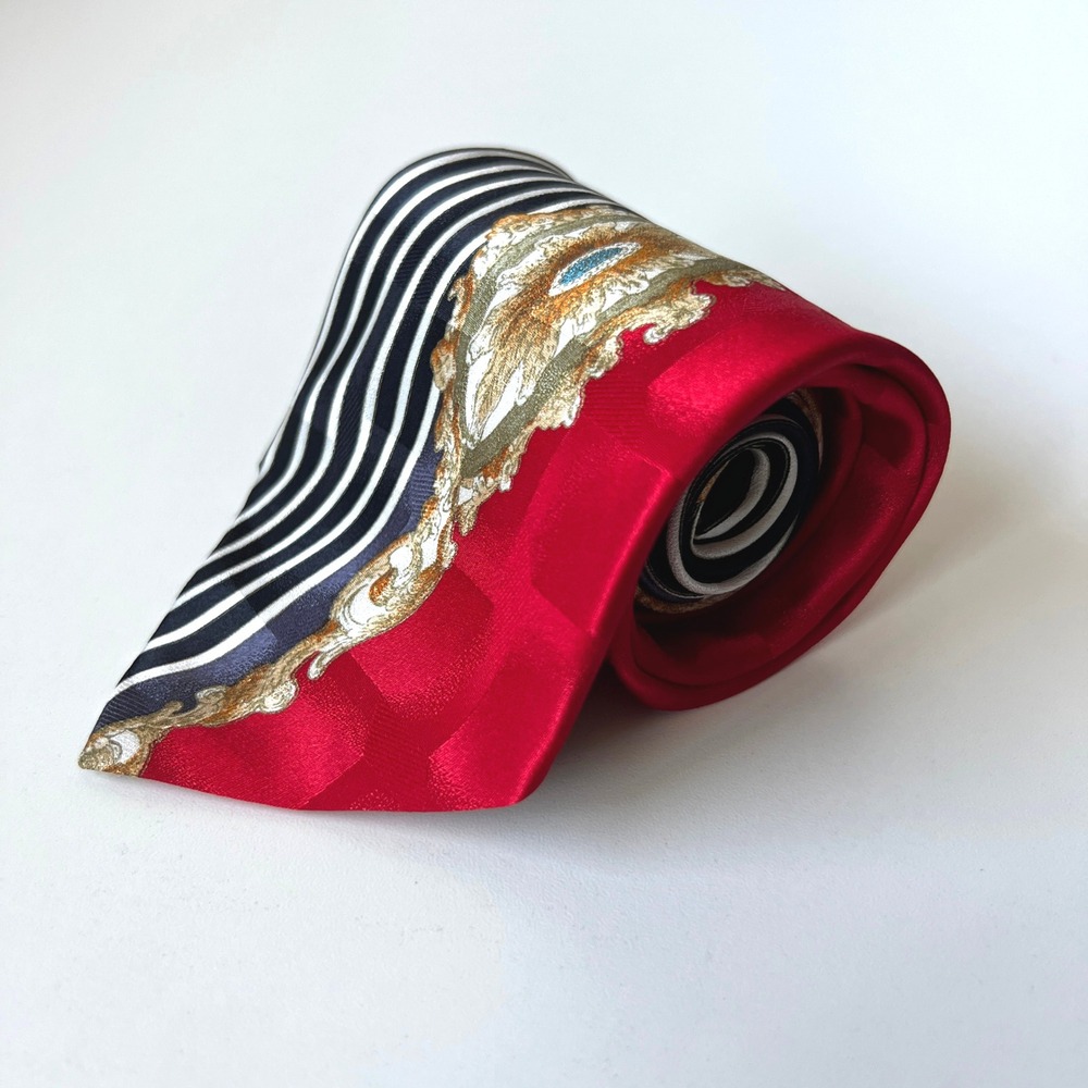 Luciano Gatti Italy Silk Tie Red Baroque Medallion Stripe Necktie 58"
